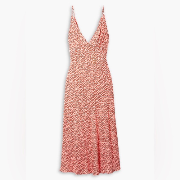 Doen Sonia Crepe Viscose V Neck A Line Midi Slip Dress Orange Hillside Bloom - Picture 2 of 12